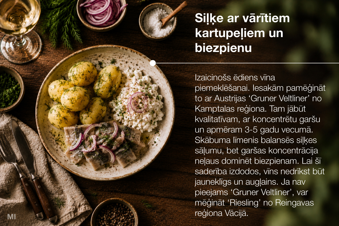 Siļķe ar vārītiem kartupeļiem un biezpienu
