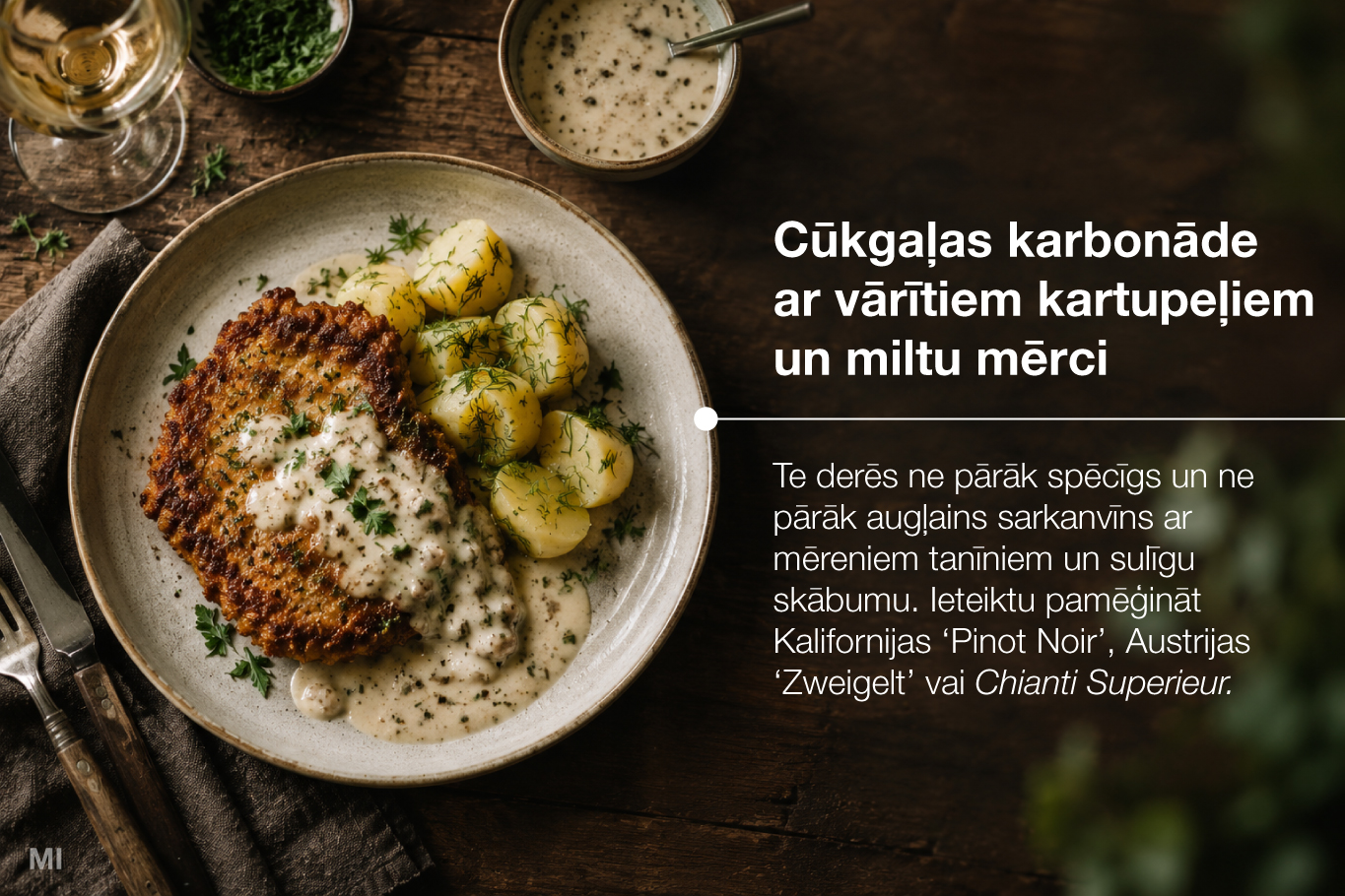 Cūkgaļas karbonāde ar vārītiem kartupeļiem un miltu mērci