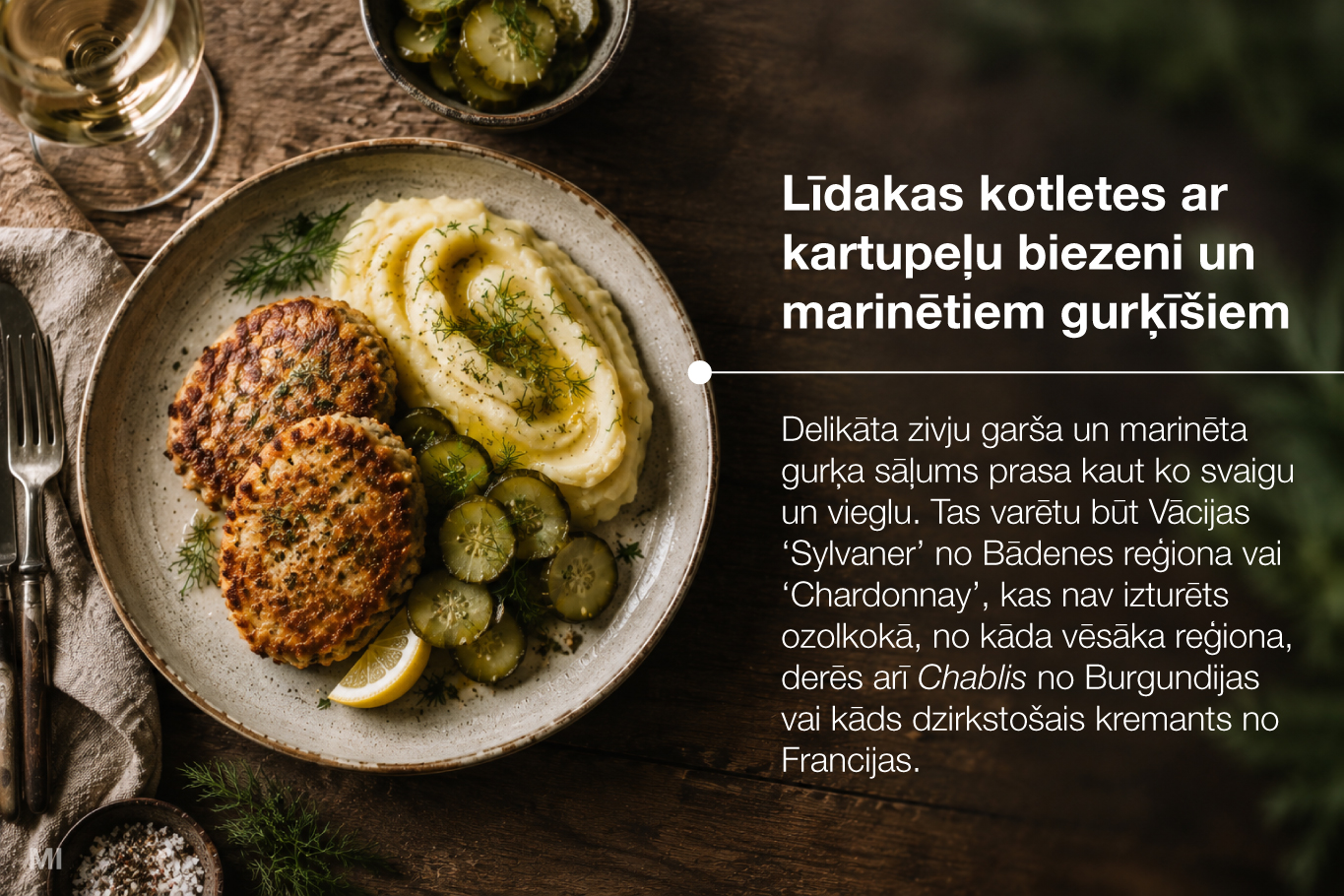 Līdakas kotletes ar kartupeļu biezeni un marinētiem gurķī&scaron;iem